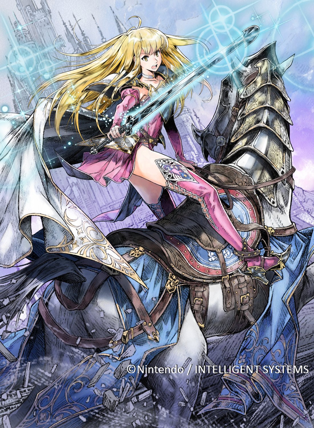 1girl armor armored_boots blonde_hair boots breastplate cape castle choker dress elbow_gloves fingerless_gloves fire_emblem fire_emblem:_genealogy_of_the_holy_war fire_emblem_cipher full_body glint gloves glowing glowing_weapon highres hirooka_masaki image_sample lachesis_(fire_emblem) long_hair looking_at_viewer official_art open_mouth pegasus pegasus_knight pink_gloves pink_legwear short_dress solo straight_hair sword thigh-highs thigh_boots thighs twitter_sample watermark weapon yellow_eyes