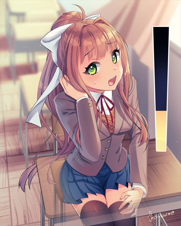 1girl artist_name bangs black_legwear blue_skirt blush breasts brown_hair brown_jacket chair classroom curtains desk doki_doki_literature_club eyebrows_visible_through_hair green_eyes hair_ribbon hand_on_own_leg hand_up have_to_pee indoors jacket kakuume legs_together long_hair long_sleeves looking_at_viewer miniskirt monika_(doki_doki_literature_club) neck_ribbon open_mouth pleated_skirt ponytail red_neckwear red_ribbon ribbon school_desk school_uniform shiny shiny_hair shirt signature sitting skindentation skirt small_breasts smile solo sweat teeth thigh-highs tied_hair urine_meter white_ribbon white_shirt x-ray zettai_ryouiki