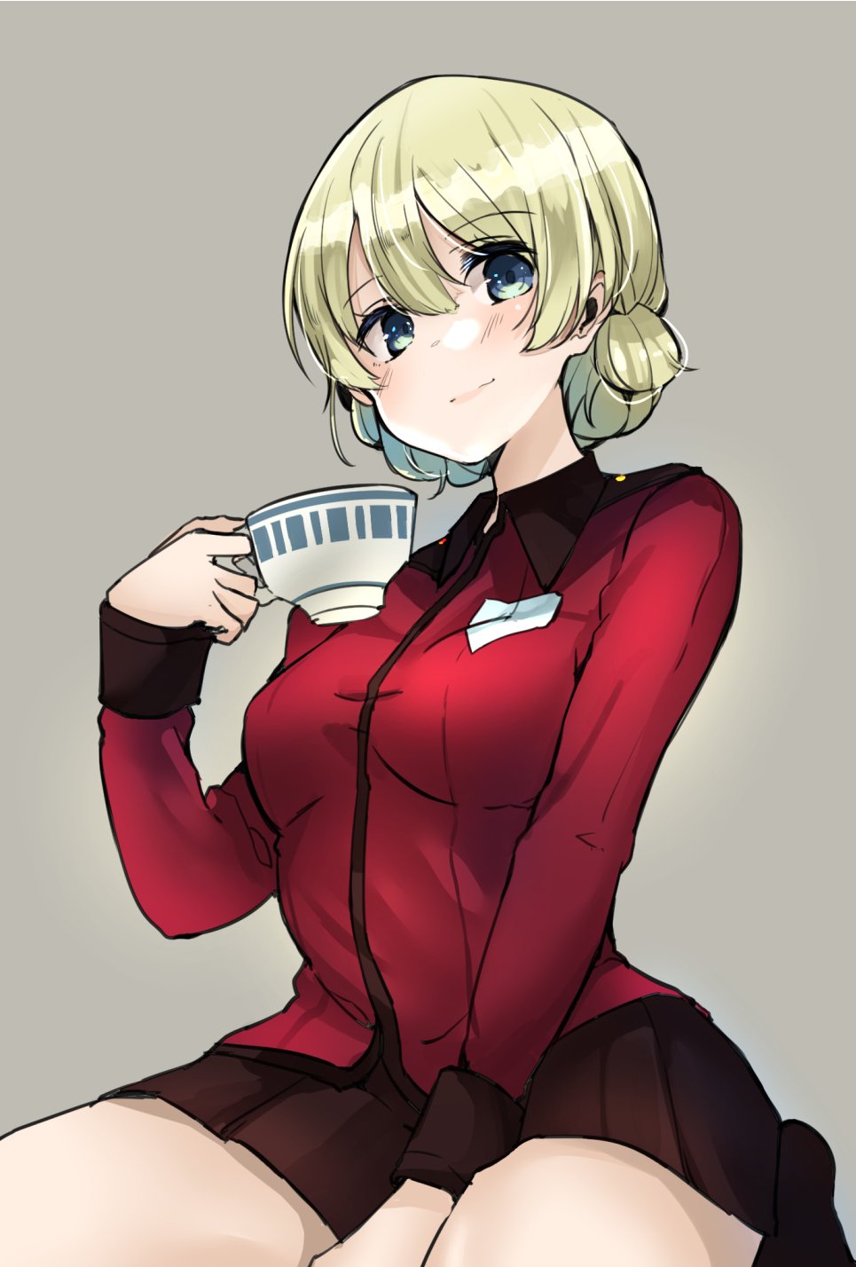 1girl bangs between_legs black_skirt blonde_hair blue_eyes braid closed_mouth commentary cup darjeeling epaulettes eyebrows_visible_through_hair girls_und_panzer grey_background hand_between_legs highres holding holding_cup jacket light_blush long_sleeves looking_at_viewer military military_uniform miniskirt pleated_skirt red_jacket short_hair simple_background sitting skirt smile solo st._gloriana's_military_uniform teacup tied_hair twin_braids uniform yunekoko