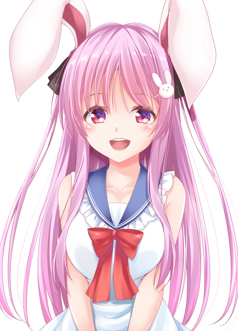 1girl :d alternate_costume animal_ears bangs bare_shoulders black_ribbon blue_sailor_collar blush bow breasts bunny_hair_ornament collarbone commentary_request eyebrows_visible_through_hair frilled_shirt_collar frills hair_ornament hair_ribbon kue large_breasts long_hair looking_at_viewer open_mouth purple_hair rabbit_ears red_bow red_eyes reisen_udongein_inaba ribbon sailor_collar sailor_shirt shirt sidelocks simple_background sleeveless sleeveless_shirt smile solo touhou upper_body very_long_hair white_background white_shirt