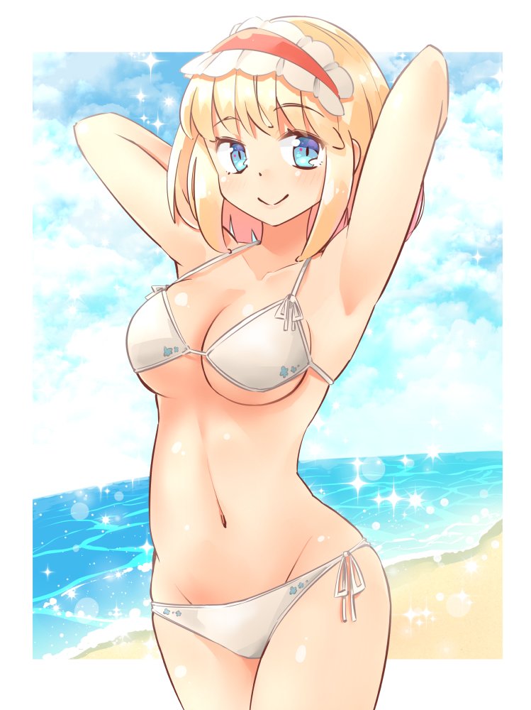 1girl alice_margatroid armpits arms_up arnest bangs bare_arms bare_shoulders beach bikini blonde_hair blue_eyes blue_sky blush border breasts clouds collarbone commentary_request cowboy_shot day eyebrows_visible_through_hair frilled_hairband frills groin hairband lens_flare lolita_hairband looking_at_viewer medium_breasts navel outdoors outside_border red_hairband short_hair side-tie_bikini sidelocks sky smile solo sparkle standing stomach swimsuit thighs touhou water white_bikini white_border
