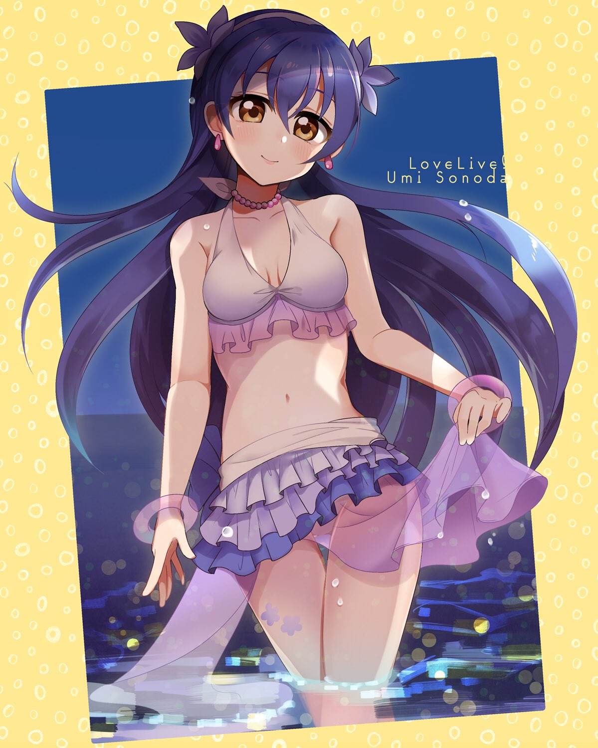 1girl bangs bikini bikini_skirt blue_hair blush bracelet closed_mouth commentary_request eyebrows_visible_through_hair flower frilled_bikini frills hair_between_eyes hair_flower hair_ornament hibiscus highres jewelry long_hair looking_at_viewer love_live! love_live!_school_idol_project natsuiro_egao_de_1_2_jump! necklace night skirt_hold smile solo sonoda_umi swimsuit wading water yellow_eyes