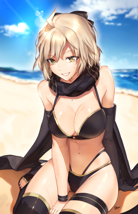 1girl ahoge bare_shoulders beach bikini black_bikini black_gloves black_legwear black_scarf blonde_hair blue_sky bow breasts clouds elbow_gloves fate/grand_order fate_(series) fuu_kotora gloves hair_bow looking_at_viewer medium_breasts navel ocean okita_souji_(fate)_(all) okita_souji_(swimsuit_assassin)_(fate) open_mouth outdoors sand scarf short_hair single_glove sitting sky smile solo sweat swimsuit thigh_strap wariza yellow_eyes