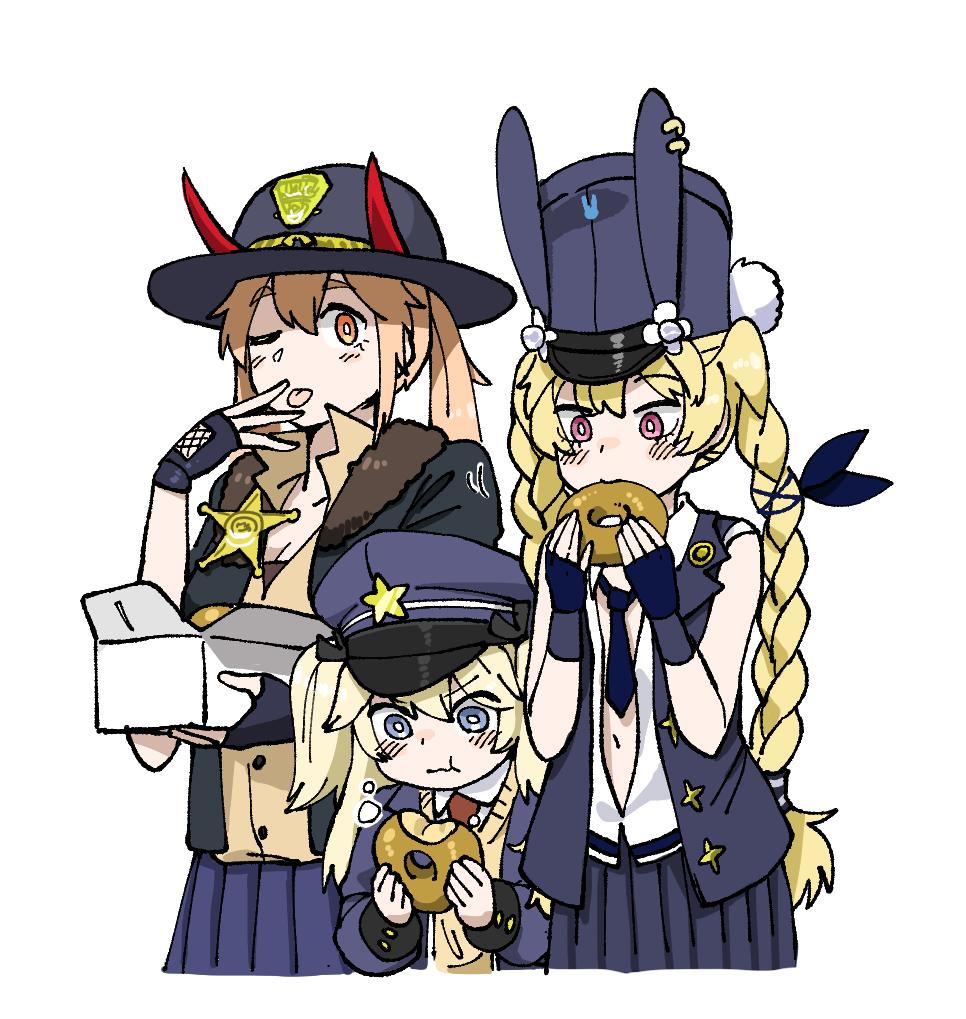 3girls anyan_(jooho) commentary_request demon_horns doughnut eating fingerless_gloves food girls_frontline gloves hat height_difference horns korean_commentary m870_(girls_frontline) multiple_girls one_eye_closed pastry_box police police_hat police_uniform policewoman sheriff sheriff_badge sr-3mp_(girls_frontline) super_shorty_(girls_frontline) uniform