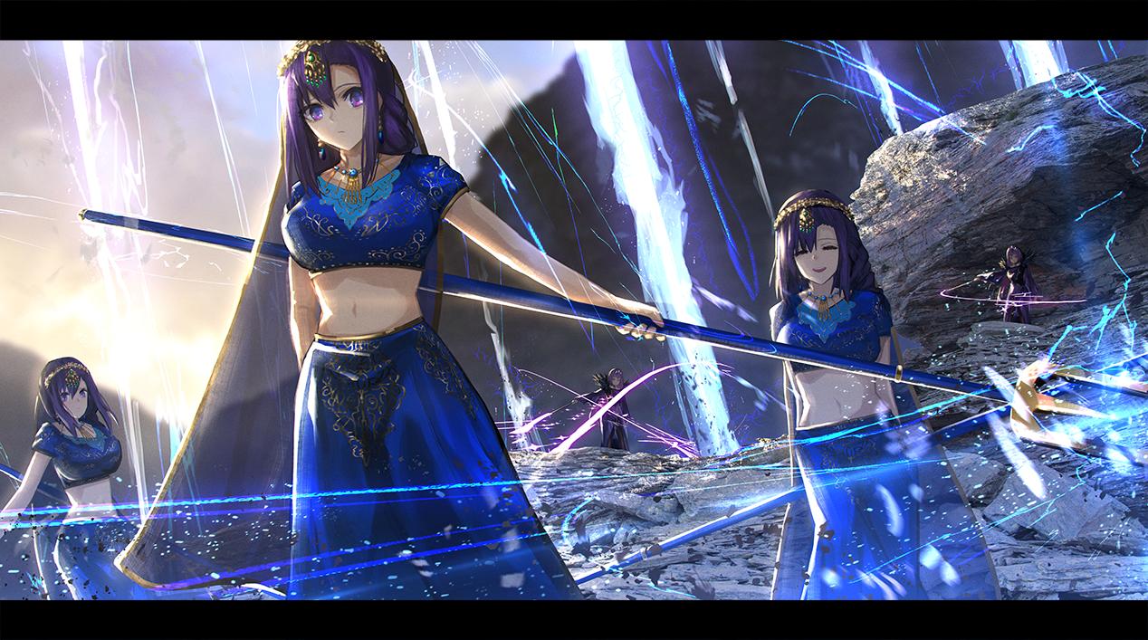 5girls amulet boulder clone closed_eyes electricity fate/grand_order fate_(series) fur_collar indian_clothes jewelry lightning long_hair matou_sakura midriff multiple_girls navel necklace otsumami_(bu-bu-heaven) parvati_(fate/grand_order) polearm purple_hair rock scathach_(fate)_(all) scathach_skadi_(fate/grand_order) smile tiara trident violet_eyes wand weapon