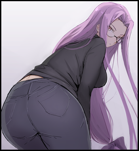 1girl bangs bent_over black_sweater breasts closed_mouth fate/stay_night fate_(series) forehead glasses grey_pants hair_intakes large_breasts long_hair long_sleeves looking_at_viewer looking_back low-tied_long_hair mobu pants parted_bangs purple_hair rider sidelocks simple_background solo sweater very_long_hair violet_eyes white_background