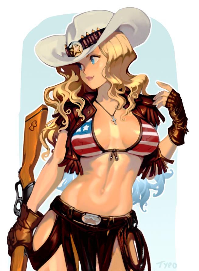 1girl american_flag_bikini belt bikini bikini_top blonde_hair blue_eyes breasts brown_gloves commentary cowboy_bebop cowboy_hat cross cross_necklace curly_hair english_commentary epaulettes fingerless_gloves flag_print frilled_vest front-tie_bikini front-tie_top gloves gun hat holding holding_gun holding_weapon jewelry judy_(cowboy_bebop) large_breasts lasso lever_action lips navel necklace optionaltypo pelvic_curtain rifle solo stomach swimsuit toned vest weapon