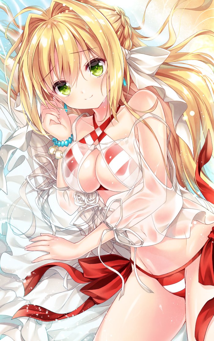 1girl bare_shoulders bikini blonde_hair blush bracelet braid closed_mouth criss-cross_halter fate/grand_order fate_(series) green_eyes groin hair_intakes halterneck jewelry long_hair looking_at_viewer lying navel nero_claudius_(fate)_(all) nero_claudius_(swimsuit_caster)_(fate) nogi_takayoshi on_side red_bikini see-through side-tie_bikini smile solo striped striped_bikini swimsuit water wet