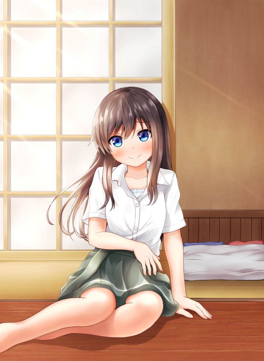 1girl asashio_(kantai_collection) barefoot black_hair blue_eyes camisole comiching commentary_request feet_out_of_frame full_body futon grey_skirt highres kantai_collection long_hair looking_at_viewer open_clothes pleated_skirt shirt short_sleeves shouji sitting skirt sliding_doors smile solo white_shirt wooden_floor yokozuwari