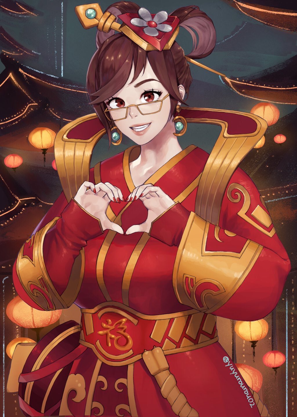 1girl bag breasts brown_eyes brown_hair chinese_clothes chinese_zodiac dizim earrings glasses grin hair_ornament hair_rings heart heart_hands highres jewelry lantern large_breasts luna_mei mei_(overwatch) overwatch paper_lantern red_nails smile solo twitter_username upper_body year_of_the_rooster