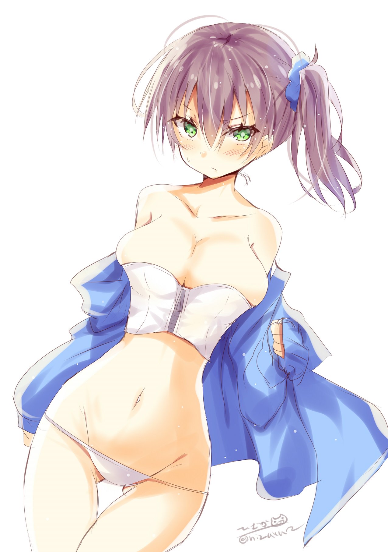 1girl alternate_costume alternate_eye_color blue_jacket blue_ribbon blush breasts brown_hair closed_mouth eyebrows_visible_through_hair green_eyes hair_between_eyes hair_ribbon highres hizaka jacket kaga_(kantai_collection) kantai_collection large_breasts long_hair looking_at_viewer navel ribbon side_ponytail simple_background solo swimsuit swimsuit_under_clothes twitter_username white_background