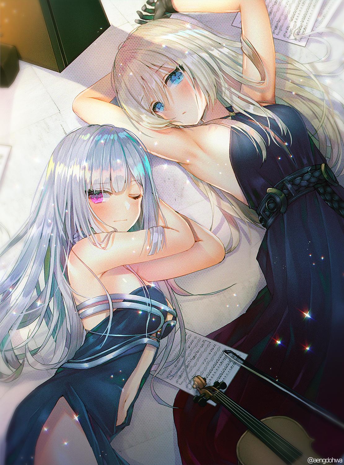 2girls ak-12_(girls_frontline) alternate_costume an-94_(girls_frontline) armpits arms_up bangs black_gloves blue_dress blue_eyes blush breasts center_opening closed_mouth dress eyebrows_visible_through_hair girls_frontline glitter gloves gradient_dress hairband hanato_(seonoaiko) highres long_hair looking_at_viewer lying medium_breasts multiple_girls navel on_back on_side one_eye_closed parted_lips sheet_music sidelocks silver_hair smile sparkle strapless strapless_dress twitter_username very_long_hair violet_eyes