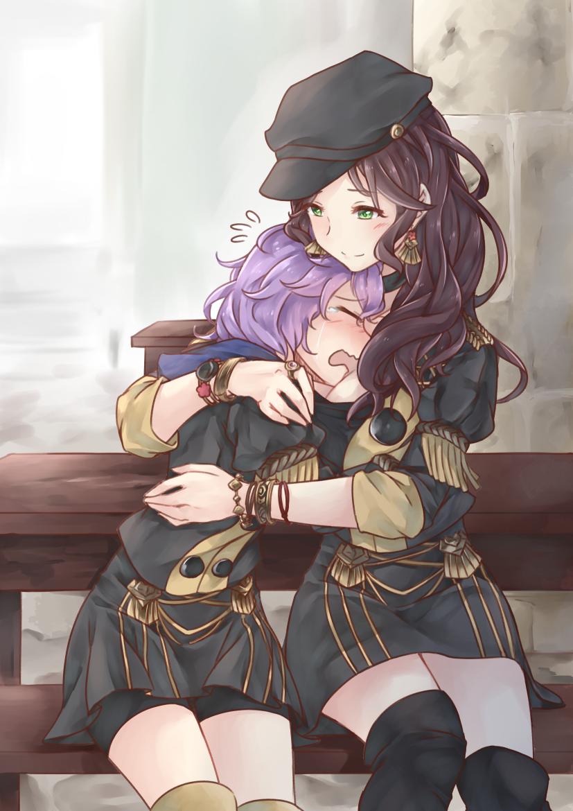 2girls bernadetta_von_varley blush bracelet brown_hair cabbie_hat choker crying dorothea_arnault earrings fire_emblem fire_emblem:_three_houses fire_emblem:_three_houses fire_emblem_16 green_eyes hat head_in_chest hood hug intelligent_systems jewelry limitless_skye loli long_hair multiple_girls nintendo purple_hair sad short_hair teenage thighs wavy_hair