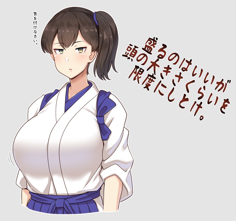 1girl blue_hakama breasts brown_eyes brown_hair commentary_request grey_background hakama hip_vent huge_breasts japanese_clothes kaga_(kantai_collection) kantai_collection medium_hair ryuun_(stiil) side_ponytail simple_background solo tasuki translation_request upper_body