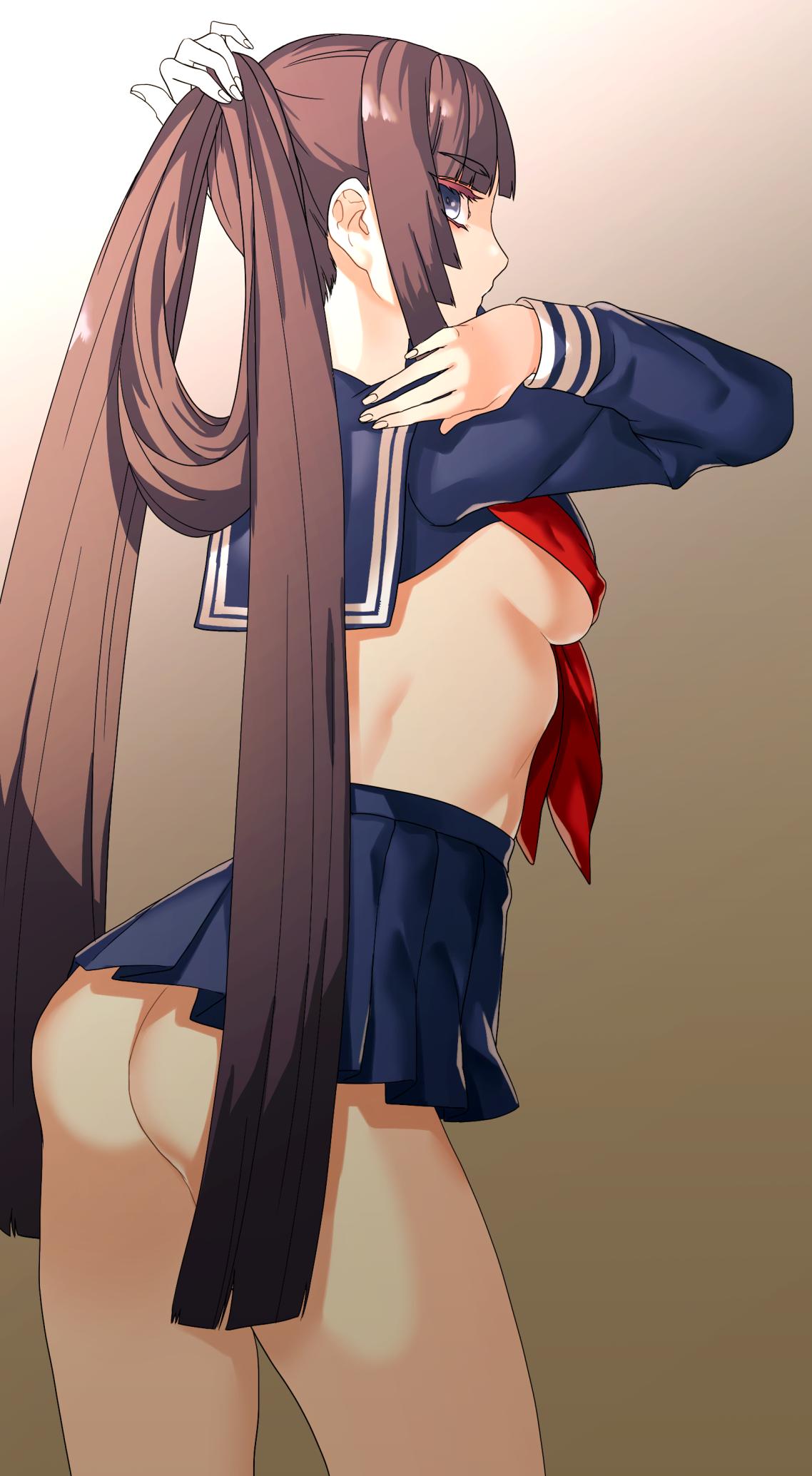 1girl ass back blue_eyes breasts brown_hair covered_nipples eyebrows_visible_through_hair eyelashes fate/grand_order fate_(series) highres long_hair looking_at_viewer midriff rokkotsu school_uniform serafuku sideboob solo ushiwakamaru_(fate/grand_order) very_long_hair