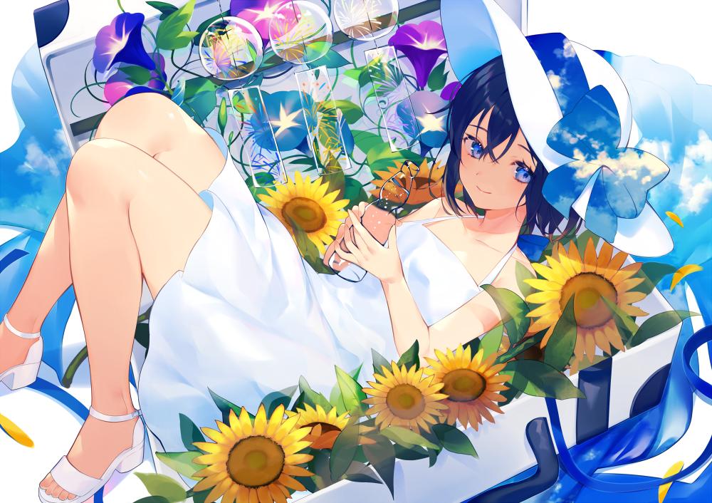 1girl achiki bangs bare_legs bare_shoulders black_hair blue_eyes blue_ribbon bottle closed_mouth clouds collarbone dress flower hair_between_eyes hat holding in_container looking_to_the_side lying open_toe_shoes original ramune ribbon shoes short_hair simple_background sky solo sun_hat sundress sunflower white_background white_dress white_footwear wind_chime