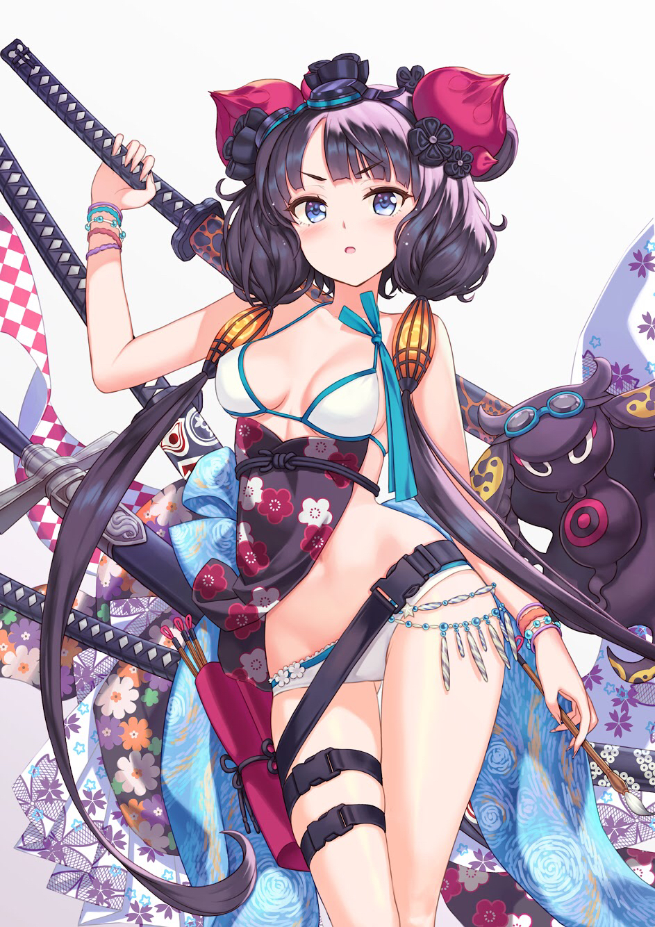 1girl bangs bare_shoulders beads belt bikini blue_eyes blush bracelet breasts calligraphy_brush collarbone fate/grand_order fate_(series) floral_print flower goggles goggles_on_head hair_flower hair_ornament hhama highres jewelry katana katsushika_hokusai_(fate/grand_order) katsushika_hokusai_(swimsuit_saber)_(fate) looking_at_viewer medium_breasts navel obi octopus open_mouth paintbrush purple_hair sash short_hair short_hair_with_long_locks sidelocks simple_background swimsuit sword thigh_strap thighs tokitarou_(fate/grand_order) weapon white_background white_bikini