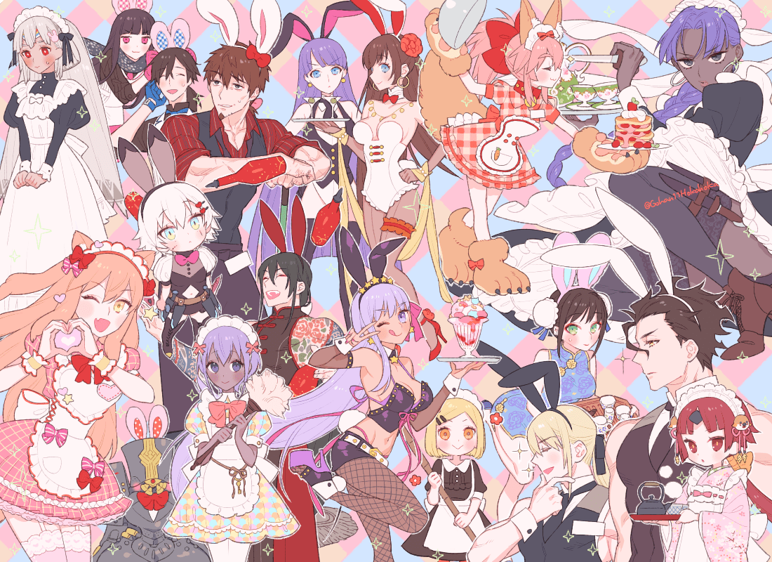 altera_(fate) animal_ears apron assassin_(fate/zero) bb_(fate)_(all) bb_(swimsuit_mooncancer)_(fate) benienma_(fate/grand_order) black_skin blush bow bowtie braid broom bunnysuit charles_babbage_(fate/grand_order) china_dress chinese_clothes cocktail_glass cup double_bun dress drinking_glass facial_hair facial_scar fate/grand_order fate_(series) feather_duster fionn_mac_cumhaill_(fate/grand_order) food fox_ears gloves goatee hassan_of_serenity_(fate) heart heart_hands hector_(fate/grand_order) ice_cream jack_the_ripper_(fate/apocrypha) juggling knife lancer_(fate/zero) long_hair maid maid_apron maid_headdress mata_hari_(fate/grand_order) necktie one_eye_closed oryou_(fate) pancake paul_bunyan_(fate/grand_order) paw_gloves paw_shoes paws qin_liangyu_(fate) rabbit_ears saint_martha sakamoto_ryouma_(fate) sara_(kurome1127) scar scar_across_eye scar_on_cheek shoes sparkle suzuka_gozen_(fate) tamamo_(fate)_(all) tamamo_cat_(fate) tan tattoo teapot v yan_qing_(fate/grand_order)