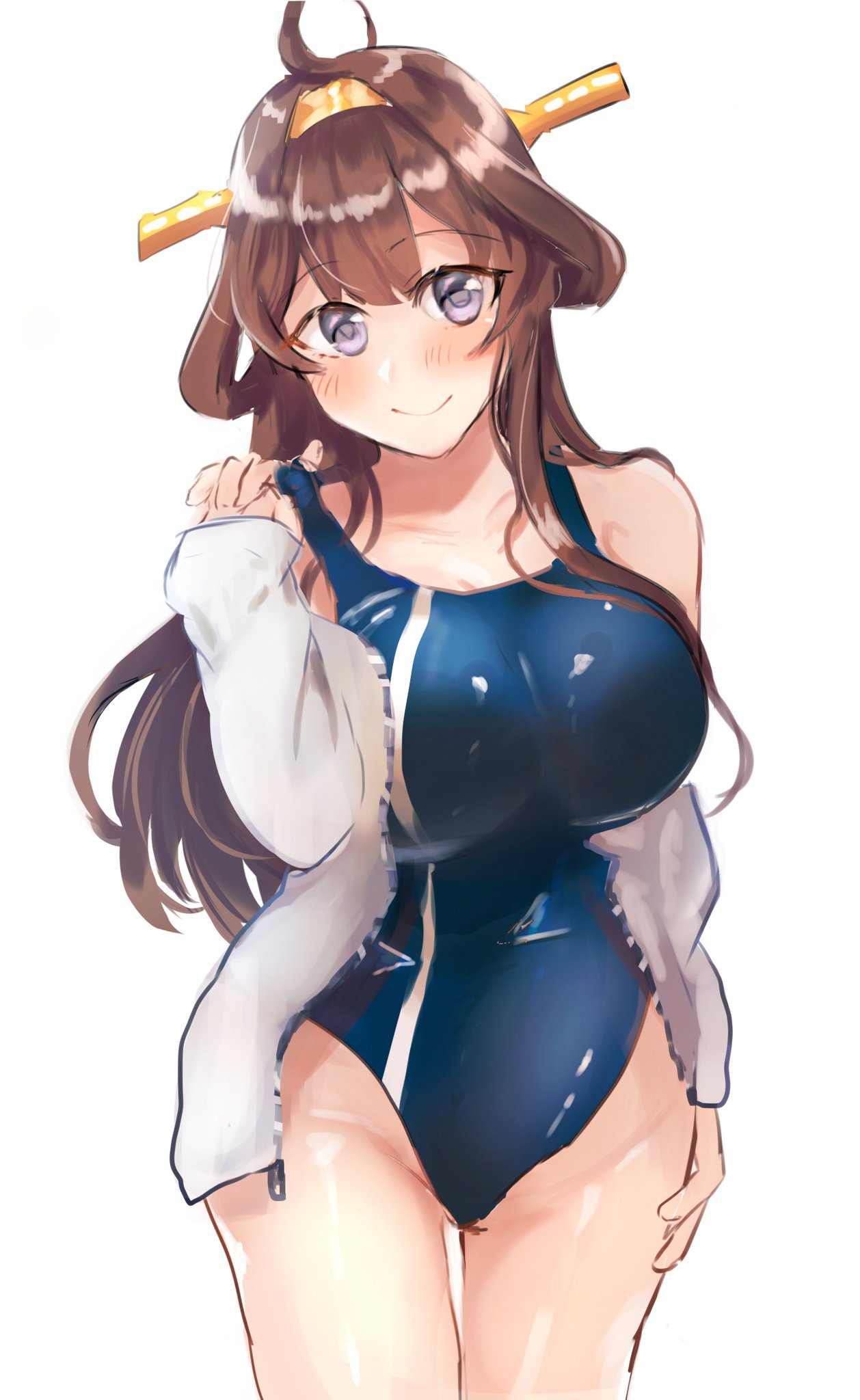 1girl adjusting_clothes adjusting_swimsuit ahoge alternate_costume bangs bare_arms blue_swimsuit blush breasts brown_hair closed_mouth collarbone competition_swimsuit covered_navel cowboy_shot eyebrows_visible_through_hair groin hair_between_eyes hair_rings hairband hand_on_own_thigh hand_up head_tilt headgear highres hip_focus jacket kantai_collection kongou_(kantai_collection) large_breasts legs_together light_smile long_hair long_sleeves looking_at_viewer miyako_(00727aomiyako) one-piece_swimsuit open_clothes open_jacket parted_bangs sidelocks signature simple_background sketch smile solo standing strap_lift swimsuit swimsuit_under_clothes thigh_gap thighs violet_eyes white_background white_jacket wide_hips