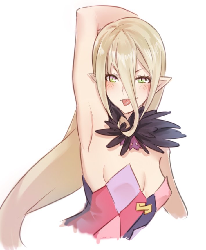:p arm_up armpits blonde_hair breasts feathers green_eyes magilou_(tales) pointy_ears slit_pupils small_breasts strapless tales_of_(series) tales_of_berseria tongue tongue_out tubetop tusia