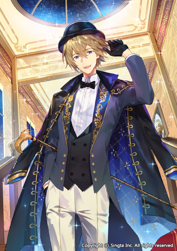 1boy black_gloves black_headwear blue_eyes bow bowler_hat bowtie cane formal glint gloves hair_between_eyes hat indoors jacket_on_shoulders male_focus official_art pants sid_story smile solo suit unagipang white_pants