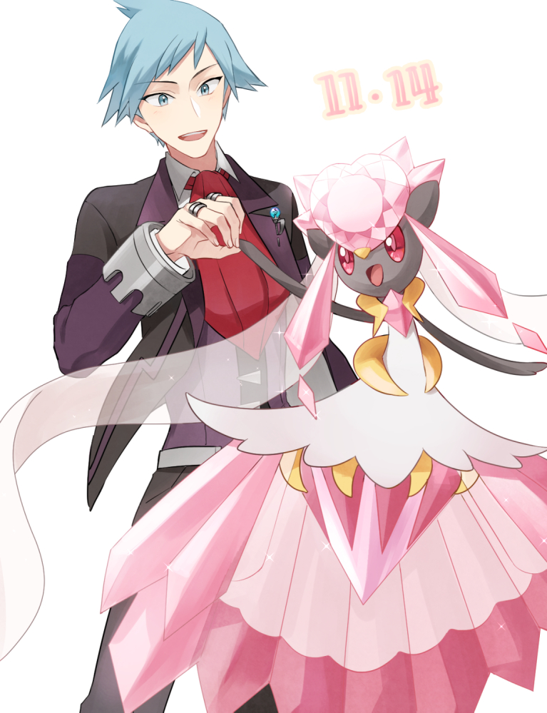 1boy :d belt black_jacket black_pants blue_eyes blue_hair dated diancie gen_6_pokemon grey_belt holding_hands jacket jewelry male_focus open_clothes open_jacket open_mouth pants pokemon_(creature) red_neckwear ring smile solo tsuwabuki_daigo white_background yukin_(es)