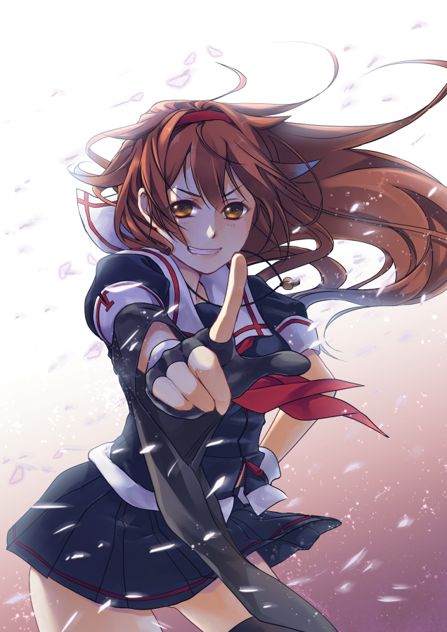 1girl ahoge asymmetrical_sleeves black_gloves black_legwear black_serafuku black_skirt brown_hair commentary_request gloves grin hair_flaps hairband kantai_collection long_hair looking_at_viewer neckerchief orange_eyes partly_fingerless_gloves pleated_skirt pointing red_hairband red_neckwear remodel_(kantai_collection) sailor_collar school_uniform serafuku shiratsuyu_(kantai_collection) skirt smile solo suzuse thigh-highs whistle whistle_around_neck wide_sleeves wind zettai_ryouiki