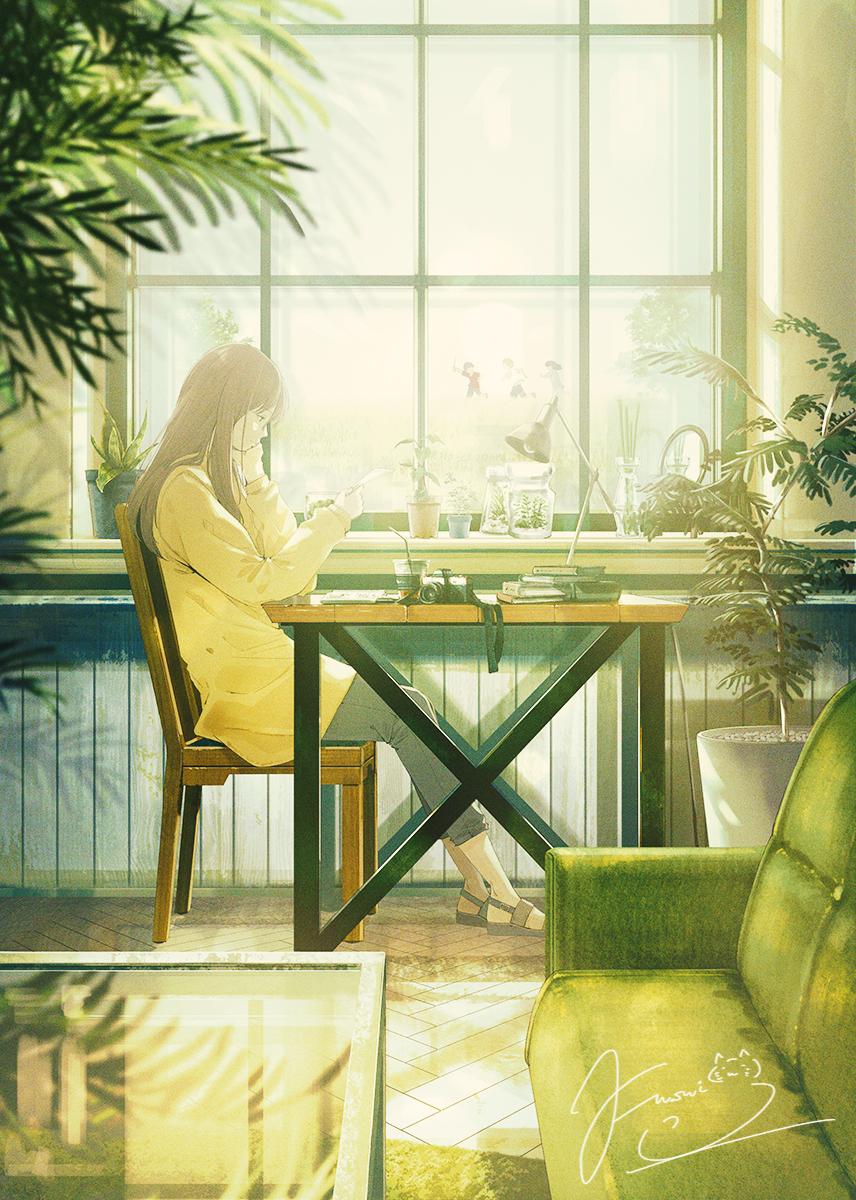 1girl blurry book brown_hair camera capri_pants chair child coffee_cup couch cup depth_of_field disposable_cup fusui highres holding holding_paper jar lamp long_hair mirror original pants paper plant potted_plant sandals signature sitting solo_focus sweater table window