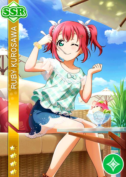 character_name dress green_eyes kurosawa_ruby love_live!_school_idol_festival love_live!_sunshine!! pink_hair short_hair smile wink