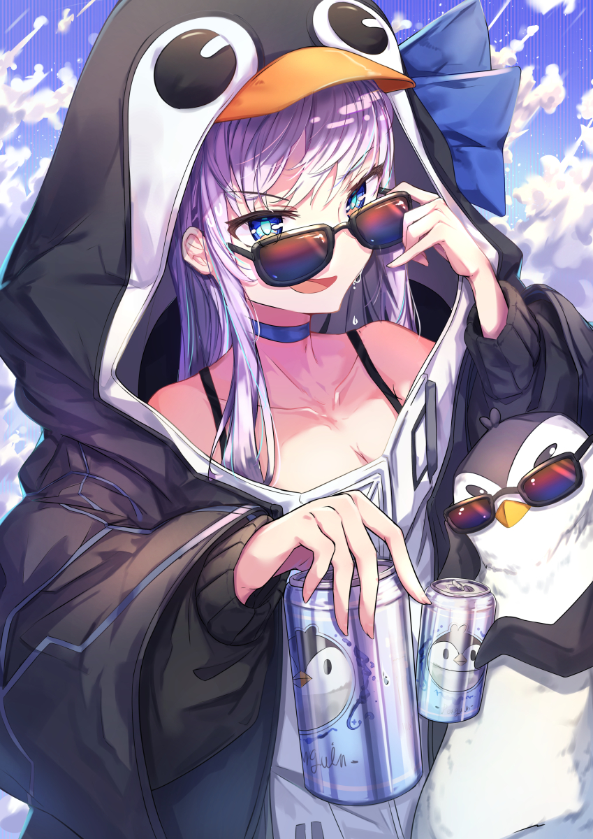 1girl animal_hood bangs bare_shoulders bird black_jacket blue_eyes blue_ribbon blue_sky breasts can collarbone fate/grand_order fate_(series) hair_between_eyes highres hood jacket kuwa_aak long_hair long_sleeves looking_at_viewer meltryllis meltryllis_(swimsuit_lancer)_(fate) open_mouth penguin penguin_hood purple_hair ribbon sky small_breasts smile soda_can sunglasses very_long_hair