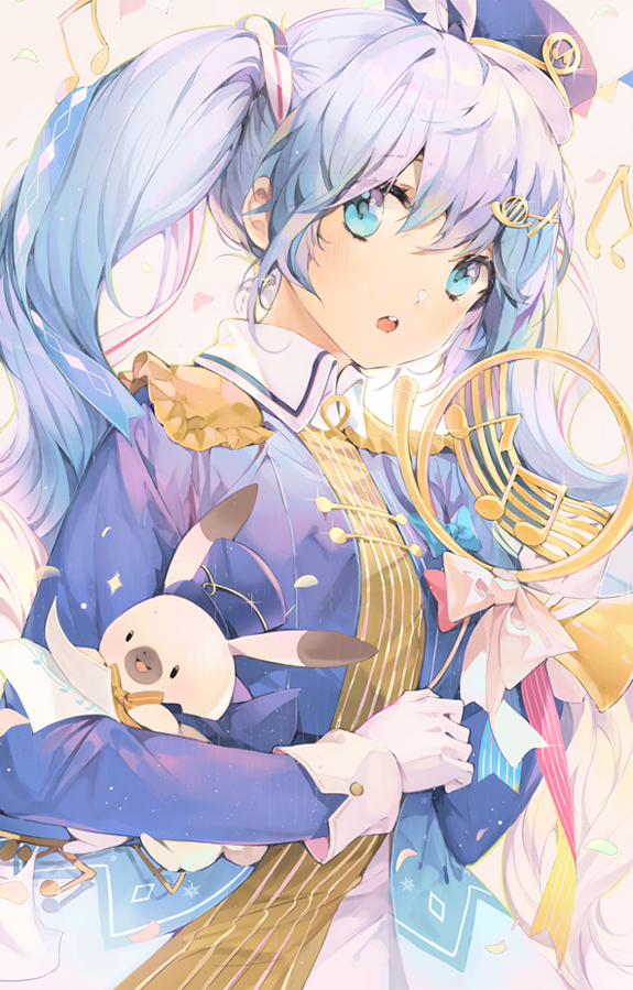 1girl :o animal band_uniform bangs blue_dress blue_eyes blue_hair blue_ribbon blush bosack bow collared_shirt dress epaulettes eyebrows_visible_through_hair french_horn gloves hair_between_eyes hair_ornament hair_ribbon hat hat_feather hatsune_miku holding holding_instrument instrument jacket long_hair long_sleeves looking_at_viewer mini_hat mini_shako_cap musical_note open_mouth rabbit ribbon shirt sidelocks simple_background sleeves_past_wrists solo standing striped teeth twintails upper_body vertical_stripes vocaloid white_gloves white_ribbon yuki_miku yuki_miku_(2020) yukine_(vocaloid)