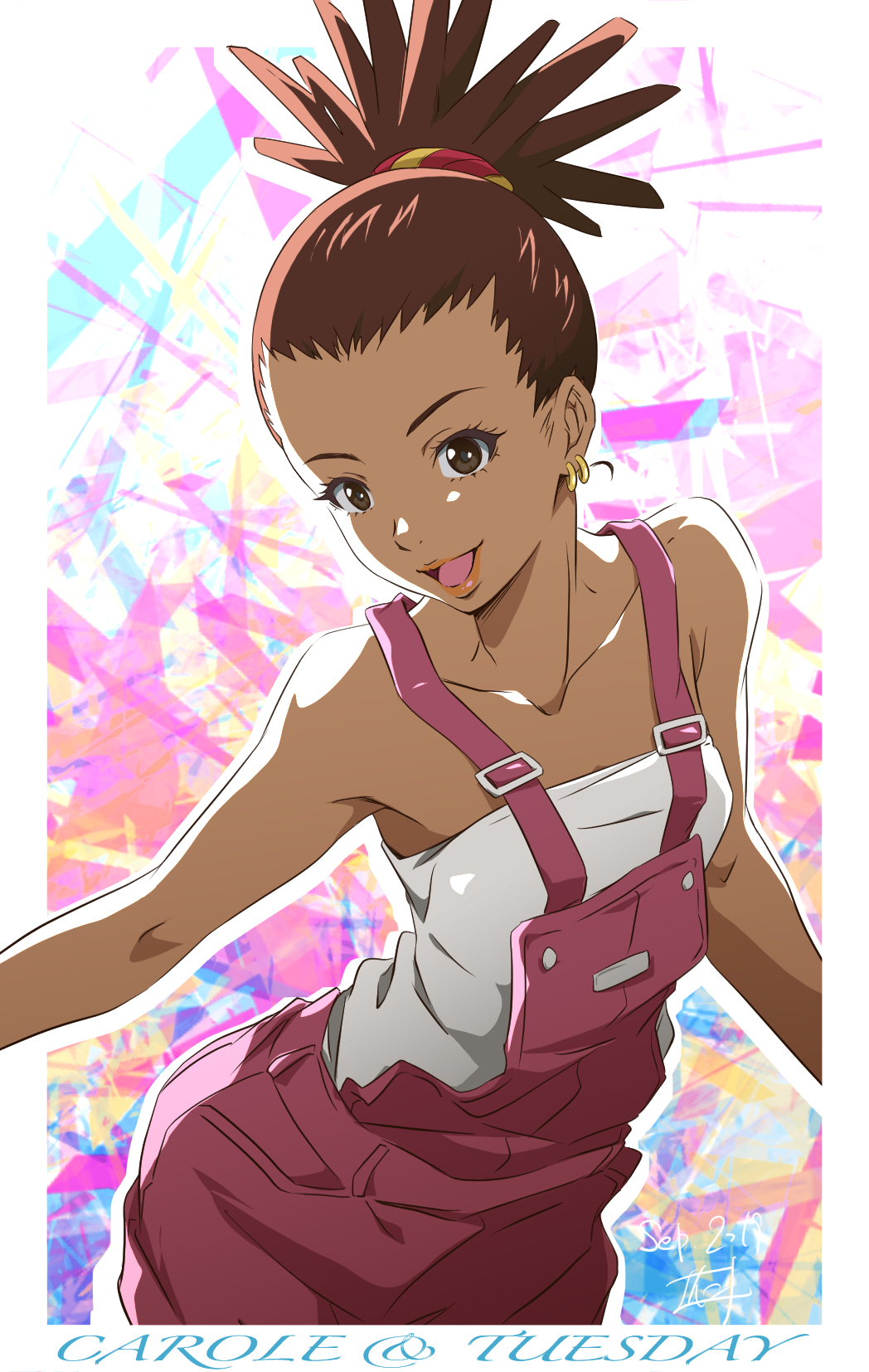 1girl bare_shoulders brown_eyes brown_hair carole_&amp;_tuesday carole_stanley collarbone commentary dark_skin dated earrings highres jewelry lipstick looking_at_viewer makeup nii_manabu open_mouth overalls pants signature smile solo strapless suspenders tubetop upper_body