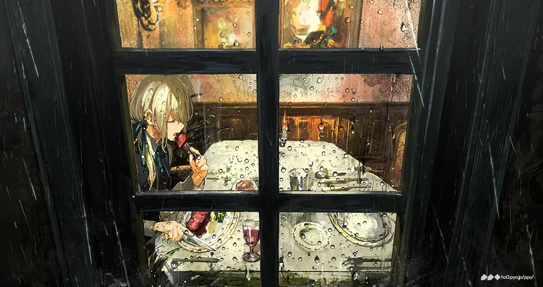 akira_hou alcohol bangs blonde_hair candle chair character_request closed_eyes commentary copyright_request cup drinking_glass eating food fork green_ribbon hair_ribbon holding holding_fork indoors long_hair looking_inside open_mouth painting_(object) plate rain ribbon sitting solo steak table tablecloth tied_hair water_drop window wine wine_glass