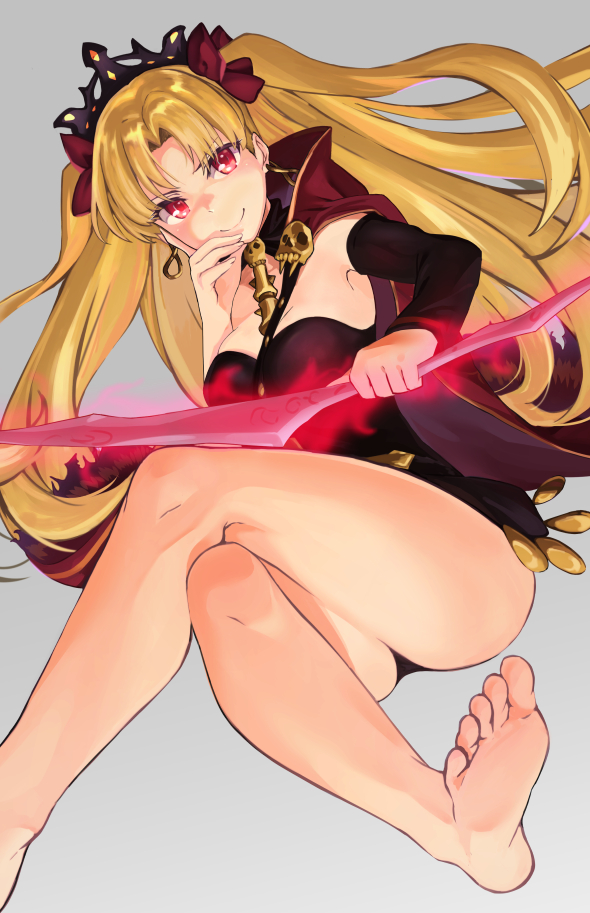 1girl bangs bare_shoulders barefoot black_leotard blonde_hair bow breasts cape closed_mouth crossed_legs detached_collar earrings ereshkigal_(fate/grand_order) fate/grand_order fate_(series) gold_trim grey_background hair_bow hoop_earrings infinity jewelry legs leotard long_hair looking_at_viewer medium_breasts murio parted_bangs red_bow red_cape red_eyes simple_background single_sleeve skull smile soles solo spine thighs tiara toes two_side_up