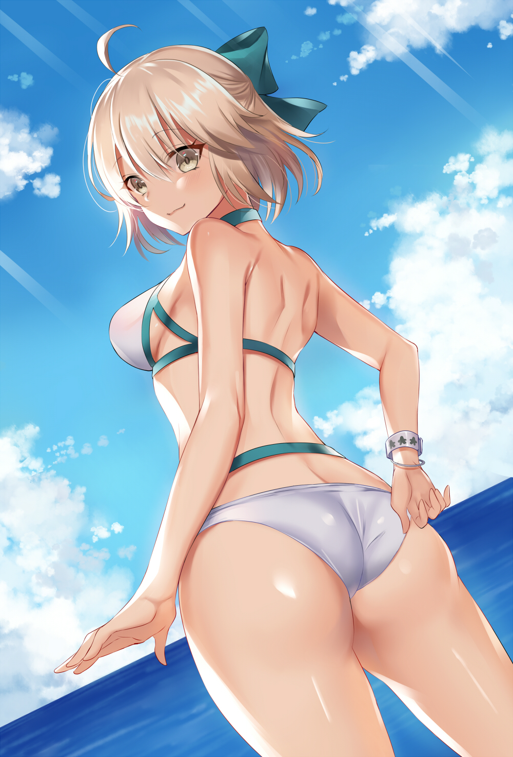 1girl ahoge ass bikini blonde_hair blue_ribbon blue_sky blush bracelet breasts butt_crack clouds collarbone commentary_request cowboy_shot day dutch_angle fate/grand_order fate_(series) hair_ribbon harimoji highleg highleg_bikini highres jewelry looking_at_viewer medium_breasts ocean okita_souji_(fate)_(all) okita_souji_(swimsuit_assassin)_(fate) outdoors over_shoulder ribbon shiny shiny_hair shiny_skin short_hair sky smile solo swimsuit thighs white_bikini yellow_eyes