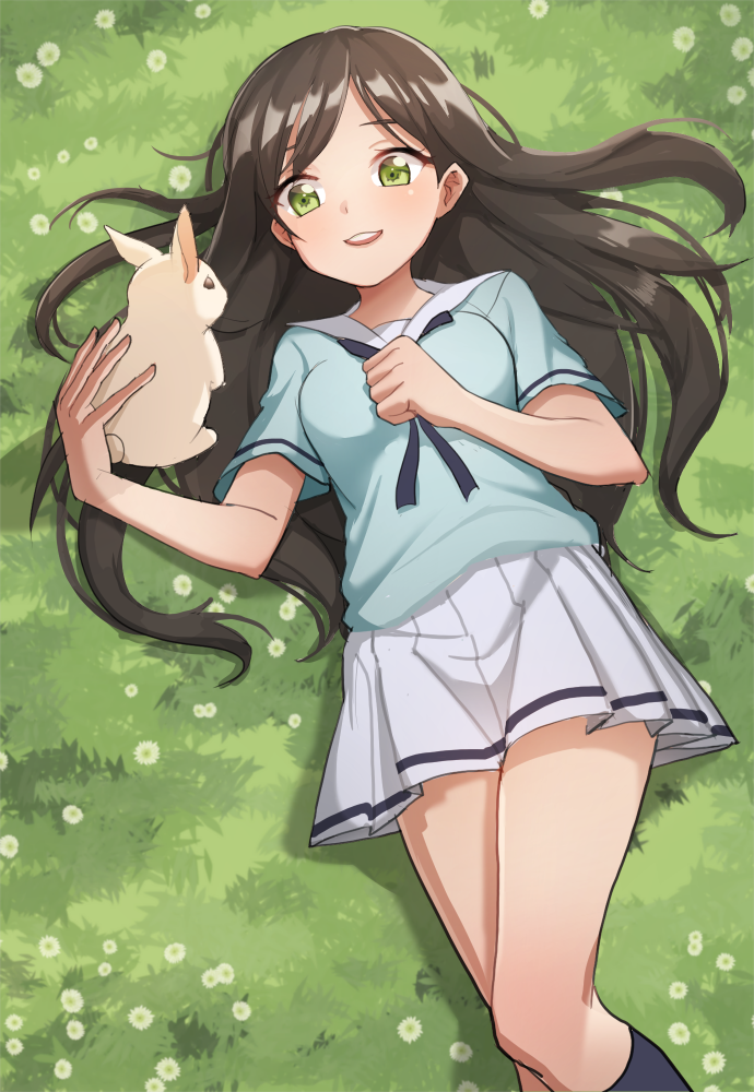 1girl animal bang_dream! bangs black_hair black_legwear breasts brown_hair commentary_request flower grass green_eyes green_shirt green_skirt hanazono_tae kneehighs long_hair lying medium_breasts on_back open_mouth planetarium_(platinumstars) rabbit shirt short_sleeves skirt smile white_flower