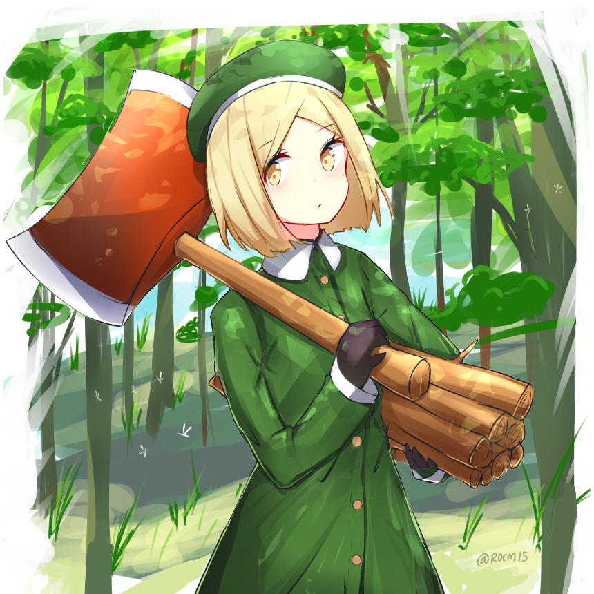 1girl axe bangs beret black_gloves blonde_hair blush carrying_under_arm closed_mouth collared_jacket commentary day english_commentary eyebrows_visible_through_hair fate/grand_order fate_(series) firewood forehead forest gloves green_headwear green_jacket hat holding holding_axe jacket long_sleeves looking_at_viewer nature outdoors parted_bangs paul_bunyan_(fate/grand_order) rocm_(nkkf3785) short_hair solo standing tree yellow_eyes