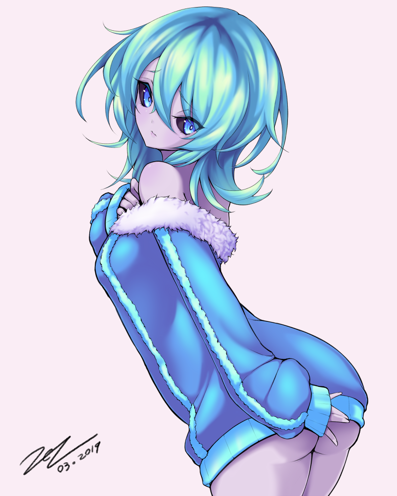 1girl aqua_hair bare_shoulders black_sclera blue_eyes elsword eyebrows_visible_through_hair frown hagalaz_(elsword) holding_clothes no_pants scarlet_zel sweater