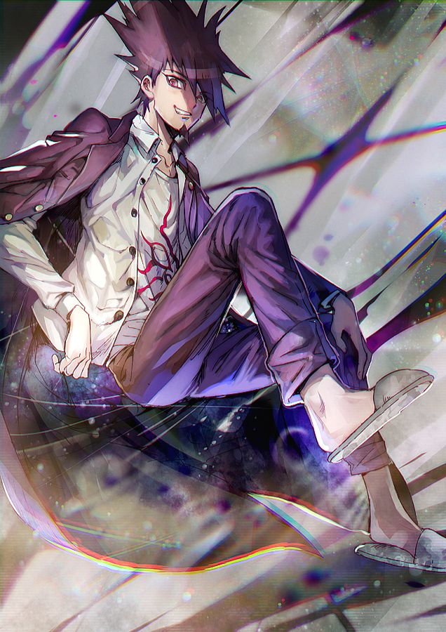 1boy aoki_(fumomo) beard blazer collared_shirt dangan_ronpa dress_shirt facial_hair grin hair_between_eyes invisible_chair jacket looking_at_viewer male_focus momota_kaito new_dangan_ronpa_v3 open_blazer open_clothes open_jacket open_shirt pants print_shirt purple_hair purple_jacket purple_pants shirt sitting slippers smile solo spiky_hair violet_eyes white_shirt wing_collar