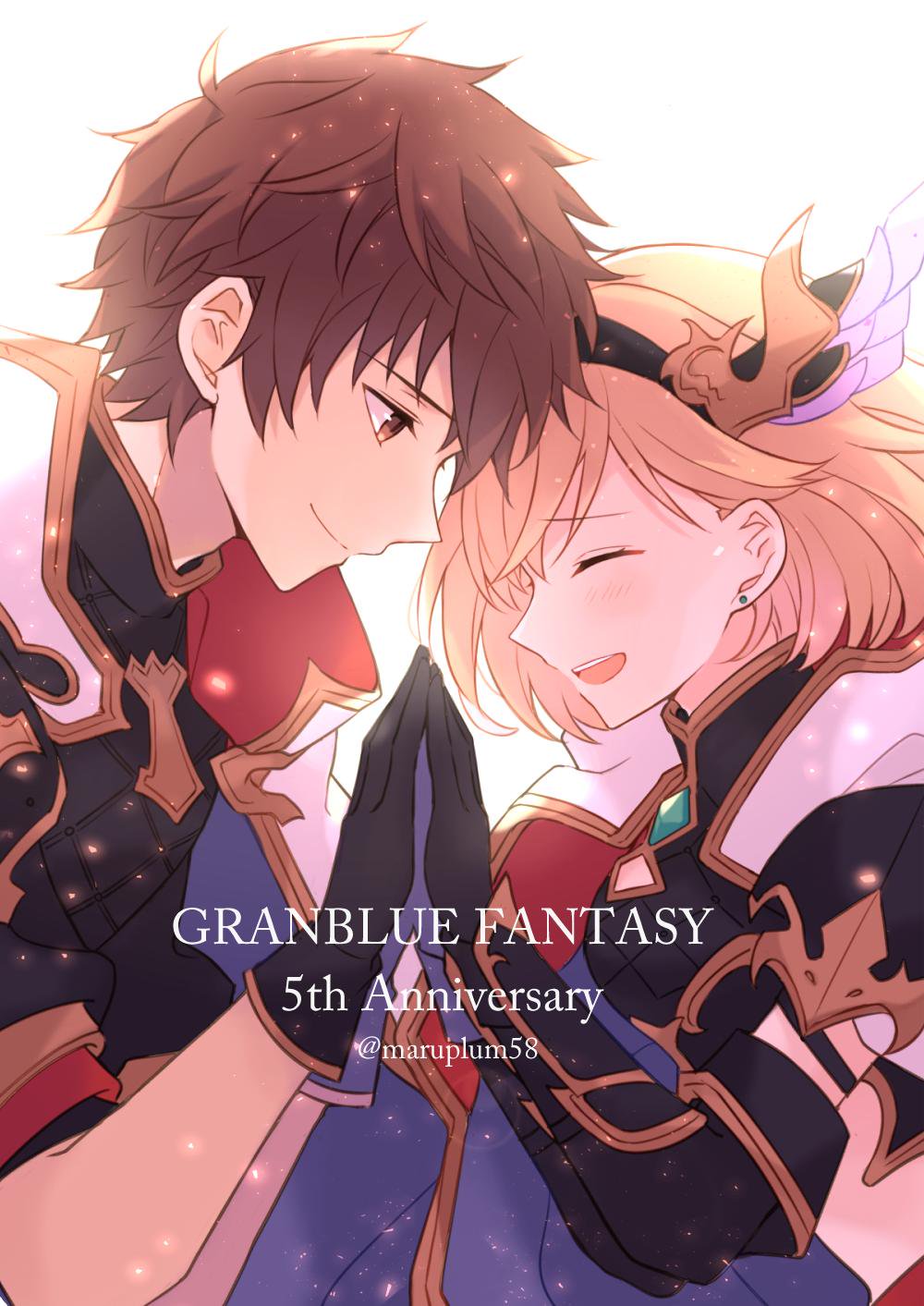 1boy 1girl armor artist_name black_armor black_gloves blonde_hair blush breasts brown_eyes brown_hair cloak closed_eyes closed_mouth djeeta_(granblue_fantasy) earrings fingers_together forehead-to-forehead gloves gran_(granblue_fantasy) granblue_fantasy hair_ornament hairband highres jewelry laughing light_particles looking_at_another maru_(maruplum) open_eyes open_mouth short_hair simple_background small_breasts smile white_background white_cloak