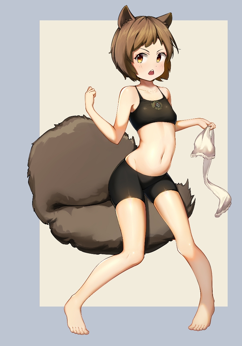 1girl animal_ears arknights barefoot bike_shorts black_shorts black_tank_top brown_eyes brown_hair character_request crop_top dog_ears dog_tail full_body grey_background long_tail midriff navel open_mouth renroujiang short_hair shorts simple_background solo tail tank_top toes