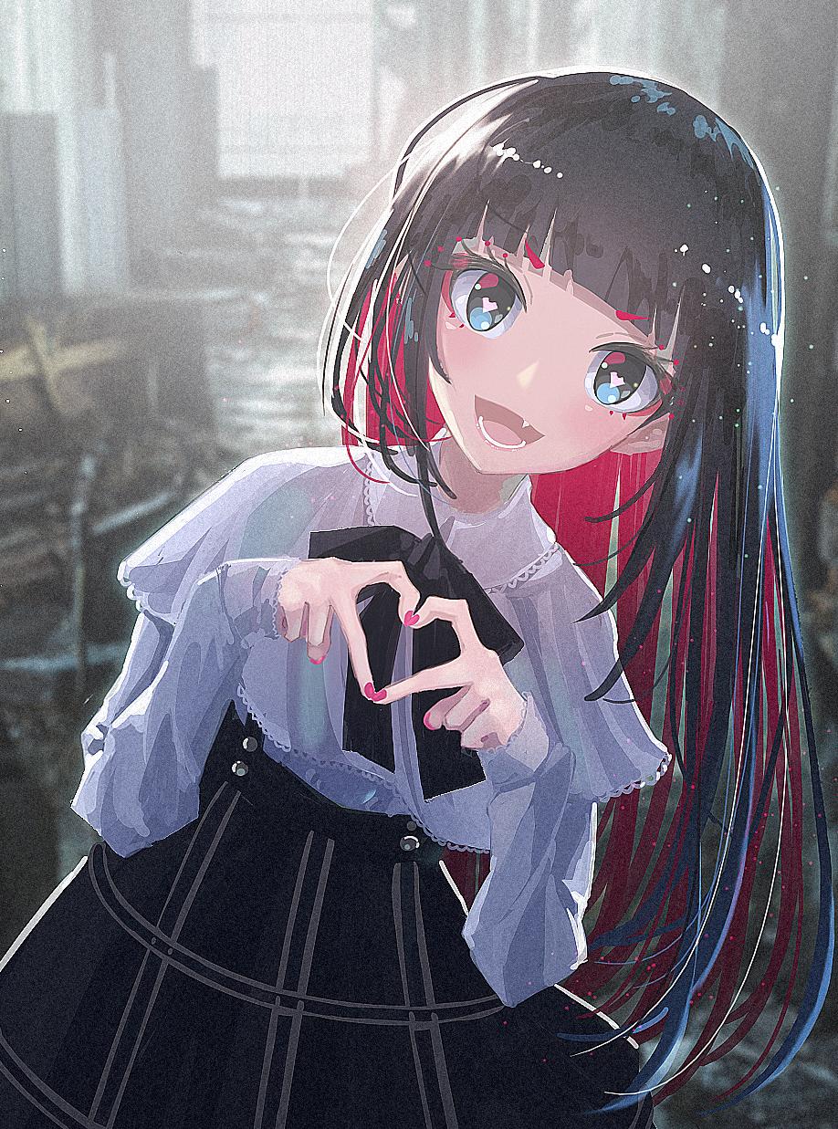 1girl :d black_hair black_skirt blue_eyes bow bowtie close-up commentary_request cowboy_shot debris fang frilled_shirt frilled_shirt_collar frilled_sleeves frills head_tilt heart heart-shaped_pupils heart_hands high-waist_skirt highres indoors light_particles long_hair long_sleeves looking_at_viewer multicolored_hair nail_polish open_mouth original pink_nails redhead ruins shirt skirt smile solo someya_mai standing symbol-shaped_pupils two-tone_hair v-shaped_eyebrows white_shirt