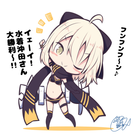 1girl ;) ahoge arm_up bangs beni_shake bikini black_bikini black_bow black_legwear black_scarf blonde_hair blush_stickers bow chibi closed_mouth colored_shadow commentary_request eyebrows_visible_through_hair fate/grand_order fate_(series) hair_bow highleg highleg_bikini layered_bikini navel notice_lines okita_souji_(fate)_(all) okita_souji_(swimsuit_assassin)_(fate) one_eye_closed scarf shadow signature smile solo standing swimsuit thigh-highs translation_request white_background wristband