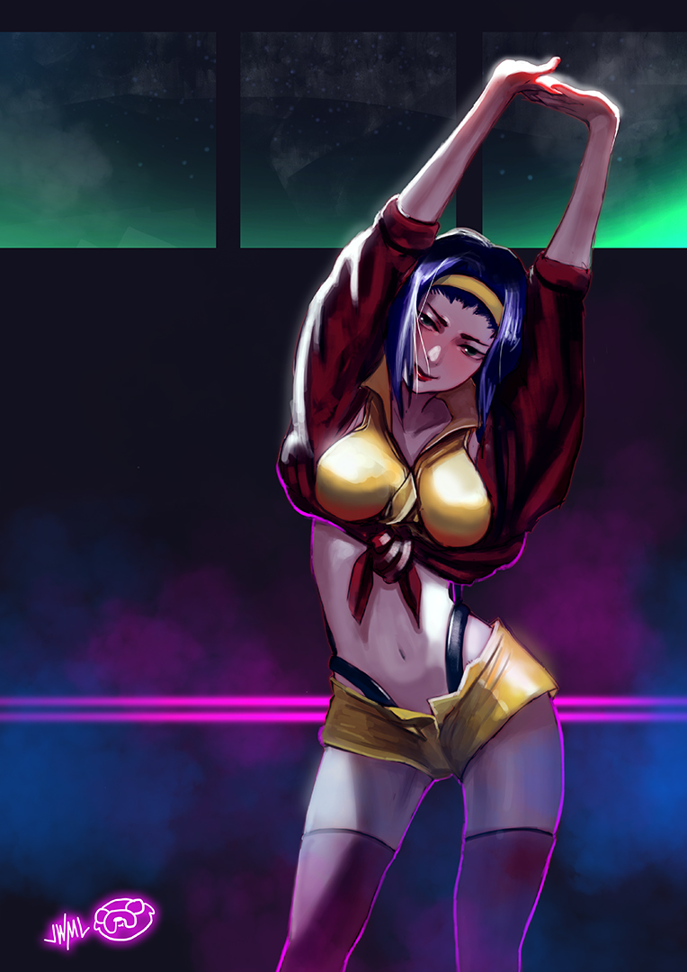 1girl arms_up breasts contrapposto cowboy_bebop faye_valentine front-tie_top green_eyes hairband highleg highleg_panties justin_leyva_(steamy_tomato) large_breasts lips lipstick makeup navel open_fly panties pink_legwear purple_hair short_hair short_shorts shorts signature solo standing stretch thigh-highs underwear window yellow_shorts