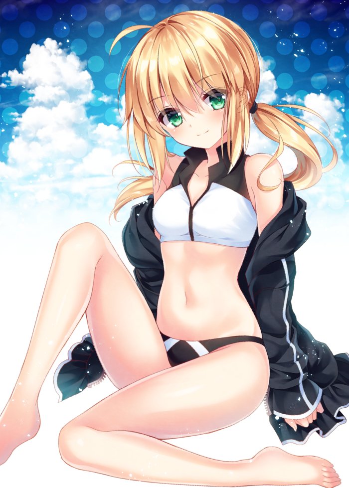 1girl ahoge artoria_pendragon_(all) artoria_pendragon_(swimsuit_archer) bare_legs bare_shoulders barefoot bikini black_jacket blonde_hair breasts collarbone fate/grand_order fate_(series) green_eyes jacket knee_up long_hair long_sleeves looking_at_viewer low_ponytail navel nogi_takayoshi off_shoulder open_clothes open_jacket sidelocks sitting small_breasts smile solo stomach swimsuit thighs two-tone_bikini