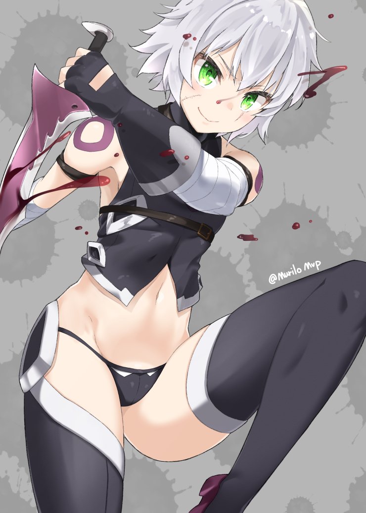 1girl arm_belt bandaged_arm bandages bangs bare_shoulders black_footwear black_gloves black_panties black_vest blood blood_splatter blush boots breasts closed_mouth dagger dual_wielding facial_scar fate/apocrypha fate_(series) fingerless_gloves gloves green_eyes grey_background hair_between_eyes holding jack_the_ripper_(fate/apocrypha) looking_at_viewer murio navel panties scar scar_across_eye scar_on_cheek short_hair shoulder_tattoo silver_hair small_breasts smile solo splatter tattoo thigh-highs thigh_boots thighs underwear vest weapon