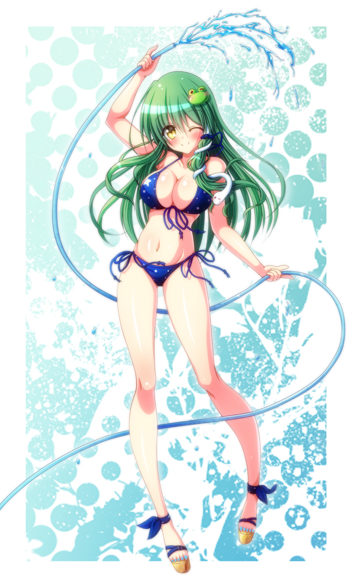 1girl armpits bare_shoulders bikini blue_bikini blue_nails blush buckle colored_nails frog_hair_ornament green_hair hair_tubes hose kochiya_sanae long_hair osada_shin polka_dots sandals smile snake_hair_ornament squirting_water star straight_hair touhou water water_hose wink yellow_eyes