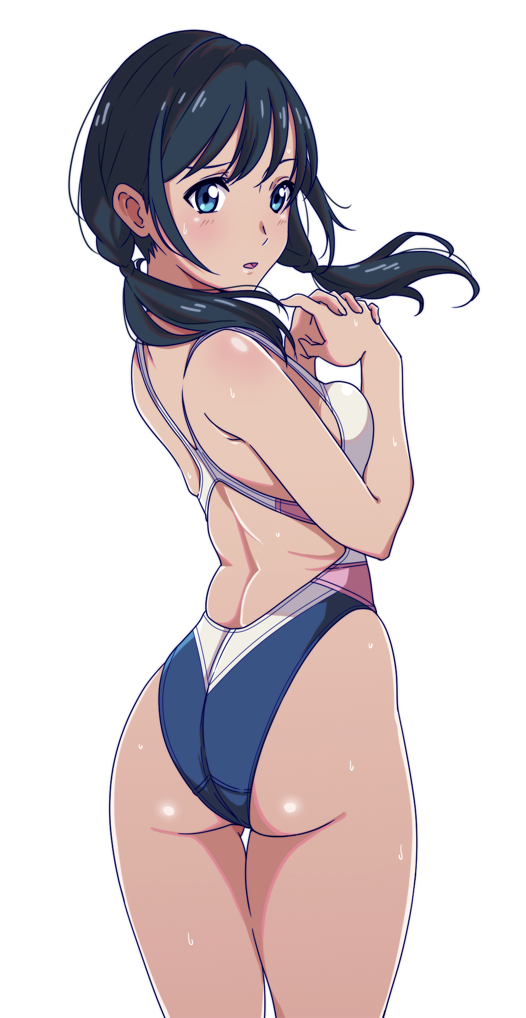 1girl aiuchi amano_hina_(tenki_no_ko) ass black_hair blue_eyes blue_swimsuit competition_swimsuit cowboy_shot from_behind hands_clasped highleg highleg_swimsuit highres long_hair looking_to_the_side one-piece_swimsuit own_hands_together simple_background solo standing swimsuit tenki_no_ko thigh_gap twintails white_background