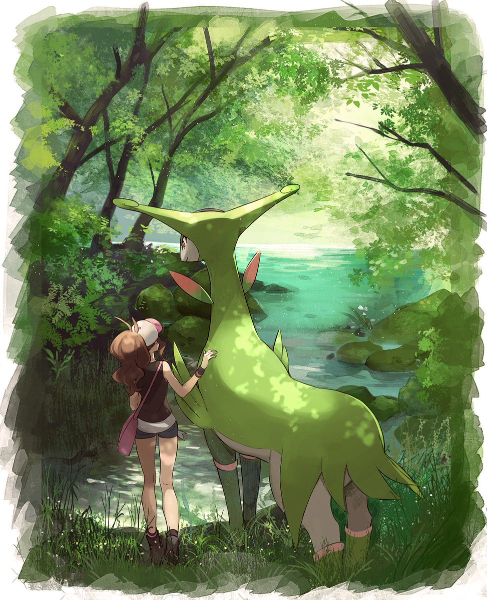 1girl baseball_cap black_shirt blue_shorts brown_hair character_request day forest from_behind full_body hat highres long_hair nature outdoors pokemon pokemon_(creature) pokemon_(game) pokemon_bw ponytail river shirt short_shorts shorts sleeveless sleeveless_shirt standing touko_(pokemon) virizion white_headwear wristband yukin_(es)