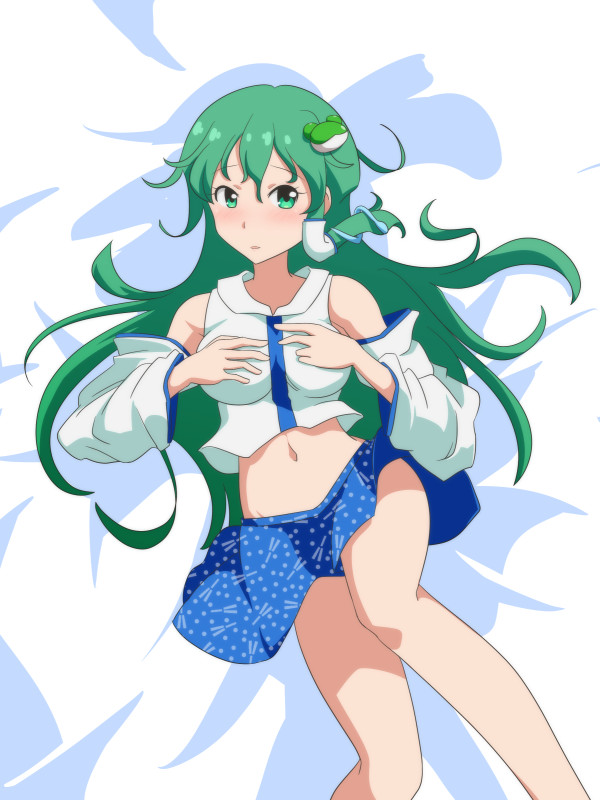 1girl bangs bare_legs bare_shoulders bed_sheet blue_skirt blush breasts cato_(monocatienus) commentary_request crop_top detached_sleeves feet_out_of_frame frog_hair_ornament green_eyes green_hair hair_between_eyes hair_ornament hair_tubes hands_on_own_chest kochiya_sanae long_hair long_sleeves looking_at_viewer lying medium_breasts midriff miniskirt navel on_back parted_lips shirt single_sidelock skirt snake_hair_ornament solo stomach thighs touhou very_long_hair white_shirt wide_sleeves